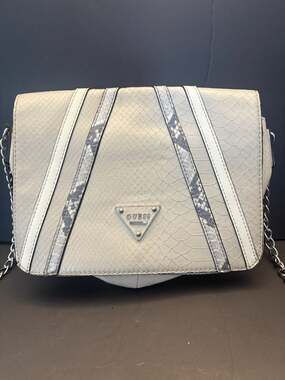 GUESS White Faux Python Snakeskin Flap Crossbody Handbag with Chain Strap